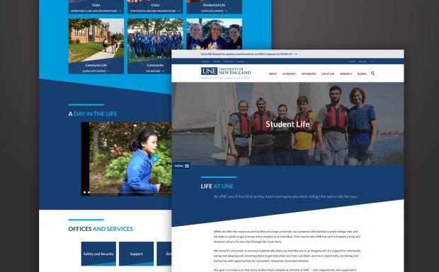 Blue design elements used throughout the University of New England's website