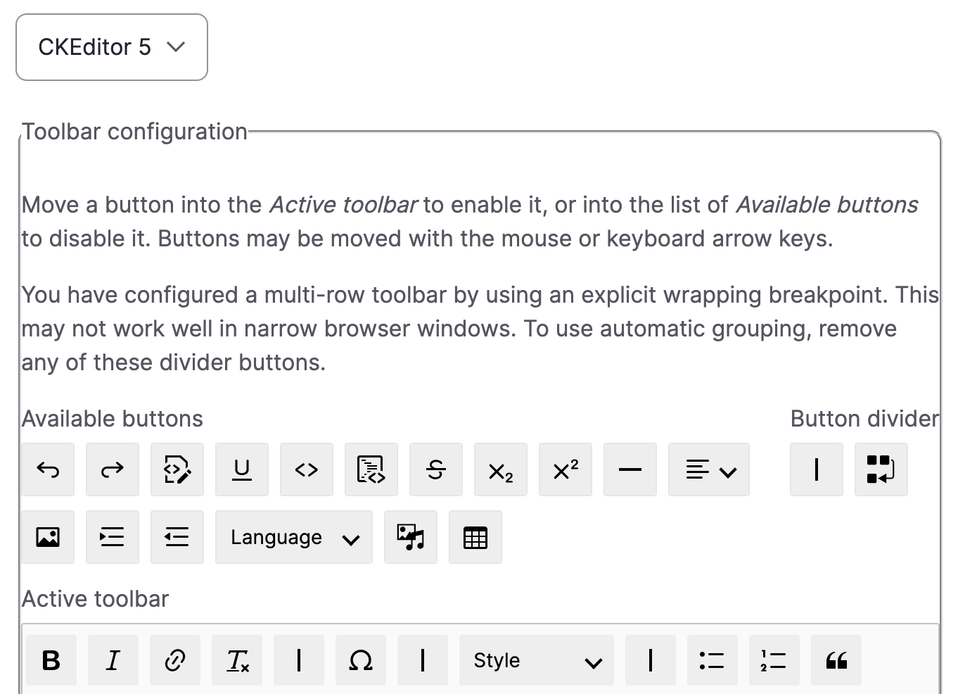 The toolbar configuration field on Drupal's text-editor creation form.