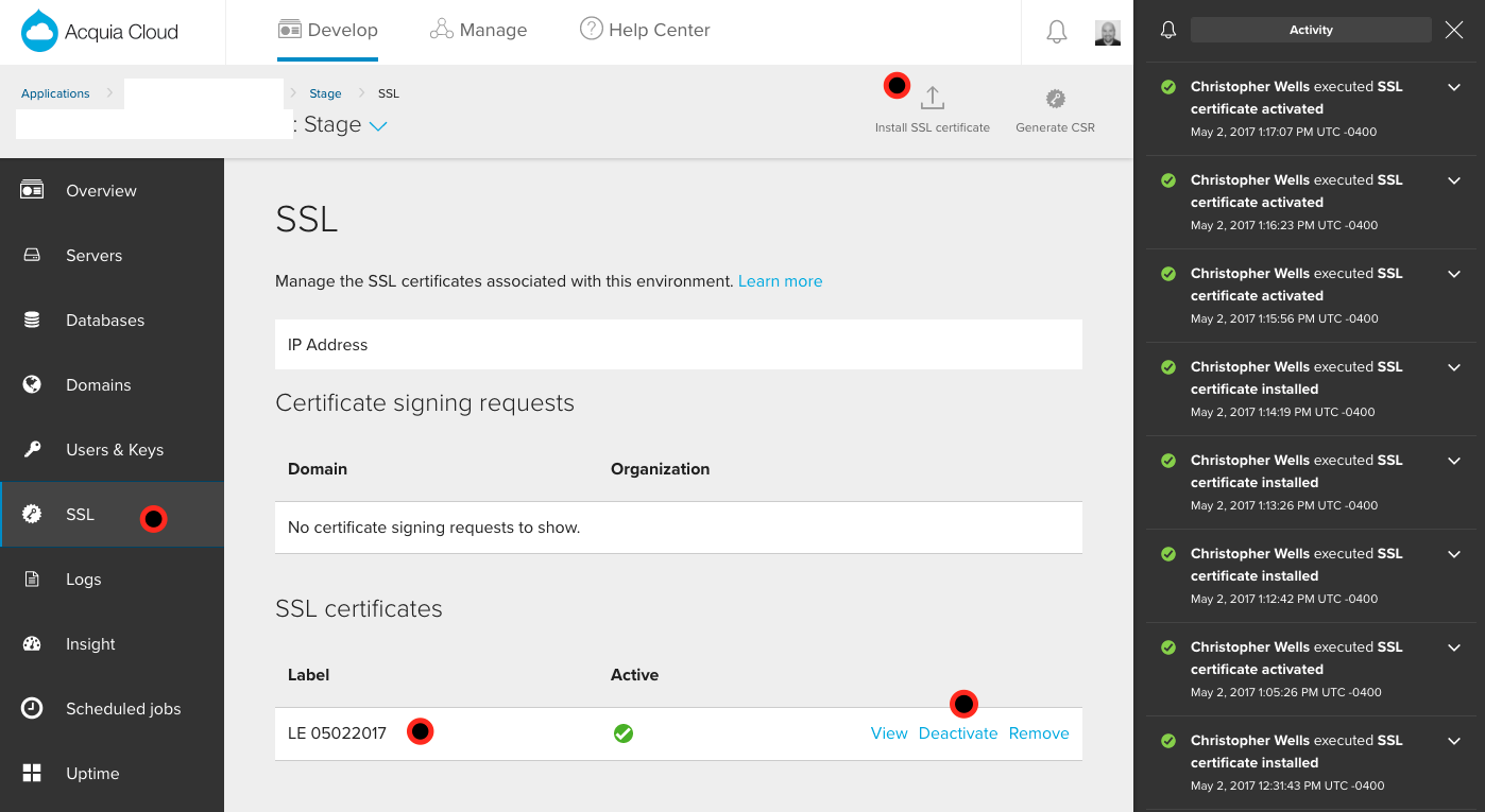 the Acquia console with a Let's Encrypt certificate successfully installed and activated